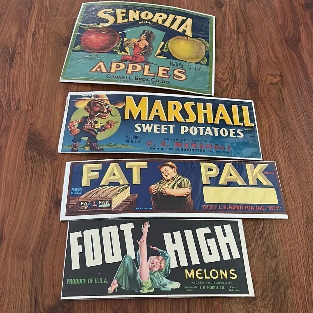 4 Vintage fruit and vegetable crate labels California 1930s 40s